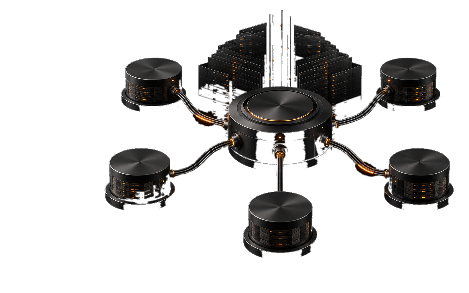 Abstract liquidity routing hub connected to five execution nodes
